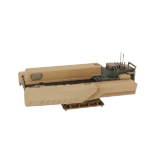 3D model of a desert camouflage missile launcher with a detailed control unit and mounting base, presented on a white backgro