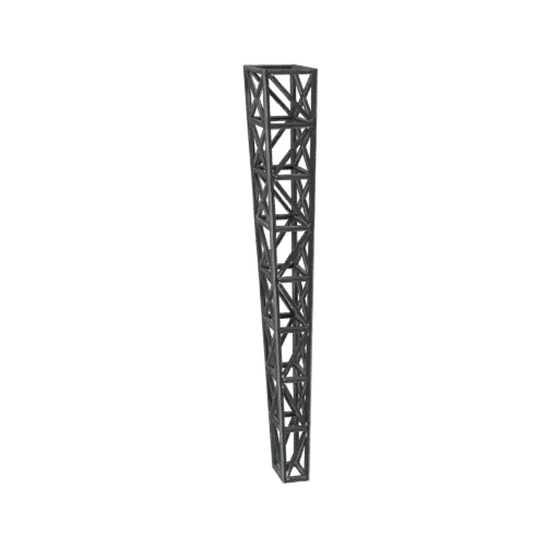 3D model of a tapered truss tower section with a dark metallic finish, showing a geometric lattice structure narrowing toward
