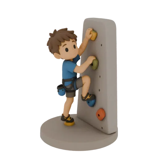 3D model of a cartoon boy with brown hair, wearing a blue shirt and harness, climbing a grey wall with colorful holds.