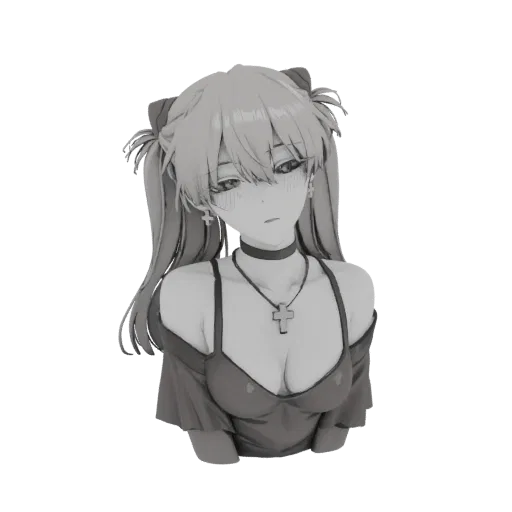 3D model bust of an anime girl with twin pigtails, wearing a choker with a cross pendant and an off-the-shoulder top, rendered in grayscale.