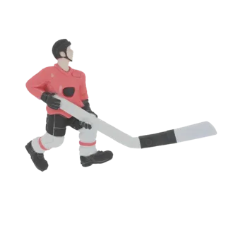3D model of a hockey player in a red jersey, mid-action with a hockey stick, against a white background.