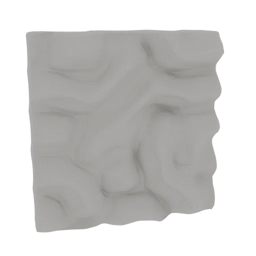 Uma renderização 3D de uma superfície orgânica ondulada cinza claro com contornos suaves e fluidos sobre um fundo branco.