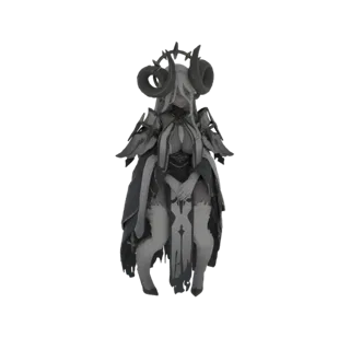 Ein 3D-Modell einer Gothic Horned Priesterin mit dunklen, fließenden Roben, detailreicher Rüstung und prominenten Hörnern, vo