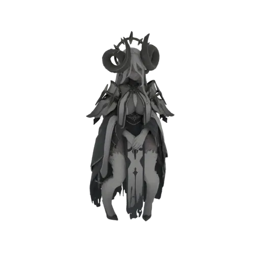 Un modèle 3D d'une Prêtresse Cornue Gothique avec des robes sombres et fluides, une armure complexe et des cornes proéminente