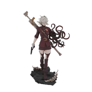 3D model of an anime soldier with white hair, wearing a red uniform, holding a pistol, with a tentacle arm and a rifle on its