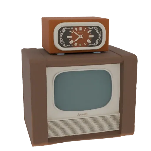 3D model of a vintage brown television with a cream bezel and a retro orange-brown alarm clock on top.