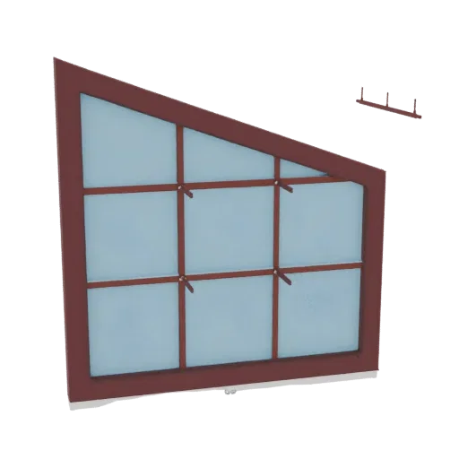 3D model of a triangular attic window with a dark red frame and light blue panes, divided by mullions.