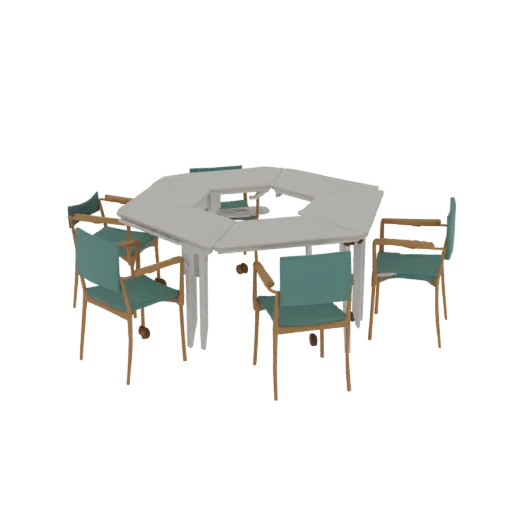 3D model of an octagonal outdoor dining set with a white table and six teal chairs with wooden frames, set against a black ba