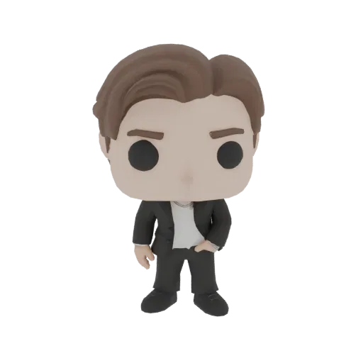 3D model of a stylized man in a black suit and white shirt, with a large head and black eyes, in a Funko Pop style.