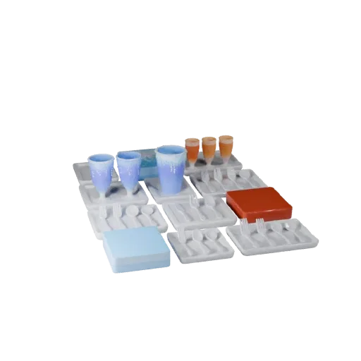 Banquet Tea Service 3D model, three-quarter front view, Unity viewport, showing ceramic, arranged serving layout.