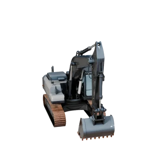 Roadwork Excavator High Poly 3D model, close-up studio render, showing painted steel, large mechanical silhouettes.