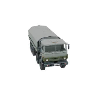 3D model of a green KamAZ 6350 "Mustang" heavy truck with a grey tarp covering its cargo bed, shown from a three-quarter fron