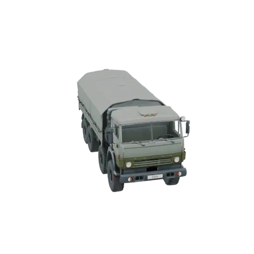 3D model of a green KamAZ 6350 "Mustang" heavy truck with a grey tarp covering its cargo bed, shown from a three-quarter fron