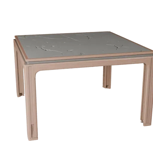 Minimal Dining Table 3D model, dining room, three-quarter front view, Unity viewport, wood grain detail.