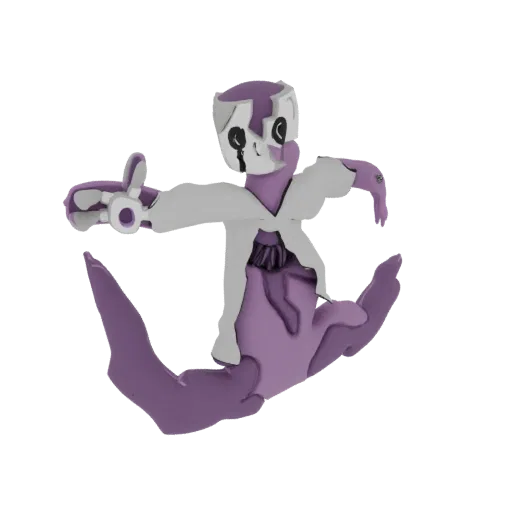 Un rendu 3D d'une figure d'androïde stylisée avec un masque fissuré, une cape blanche et un corps violet, posée dynamiquement