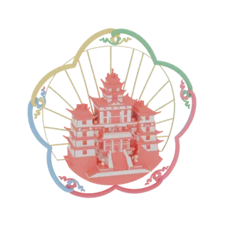 Modello 3D di un tempio pagoda rosa con una cornice floreale colorata, caratterizzato da dettagli intricati e un design strav