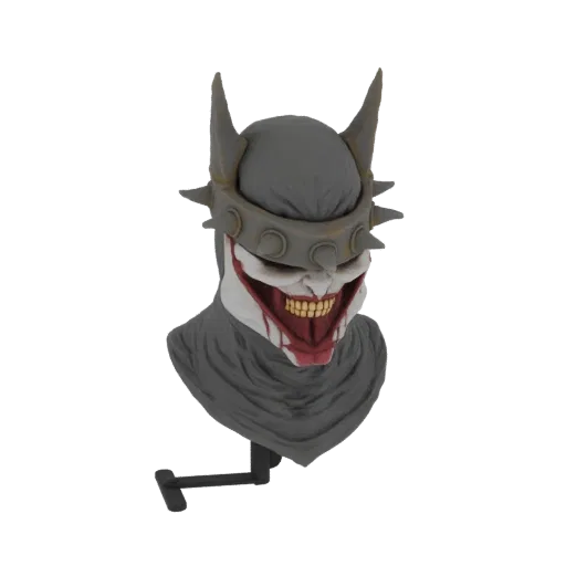 3D model of The Batman Who Laughs mask, featuring a wide, sinister grin, sharp teeth, and a spiked cowl, displayed on a stand