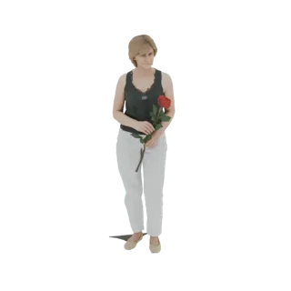 3D-Modell-Rendering einer Frau mit blonden Haaren, die ein dunkles Oberteil und eine weiße Hose trägt und eine rote Rose hält