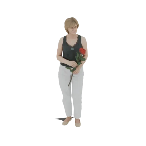 Rendu 3D d'une femme aux cheveux blonds, portant un haut sombre et un pantalon blanc, tenant une rose rouge.