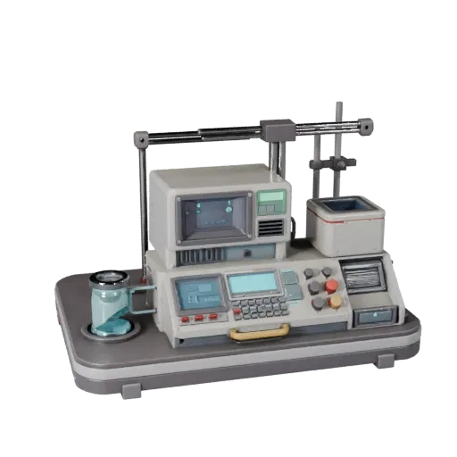 Research Scanner Device Stylized 3D model, stylized isometric render, showing clean metal, bench-top devices.