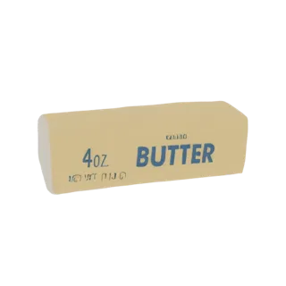 Eine 3D-Modell-Renderung einer hellbraunen Butter-Stange mit blauer Aufschrift '4oz BUTTER' auf der Verpackung, vor schwarzem