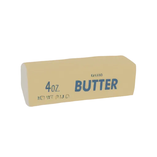 A 3D model render of a light brown butter stick with blue text reading '4oz BUTTER' on its wrapper, set against a black backg