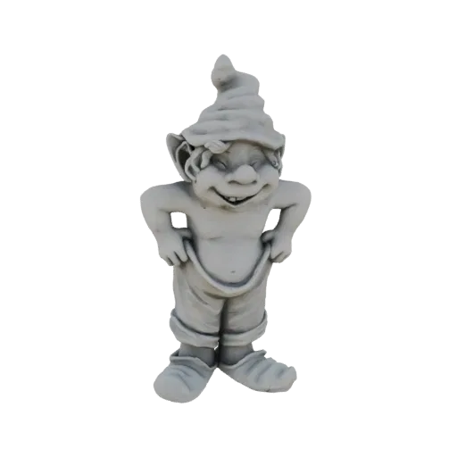 3D model render of a grumpy gnome statue with a pointed hat and hands on hips, depicted with a stone texture.