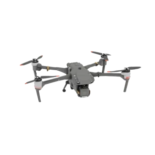 Modelo 3D de drone de reconhecimento cinza com câmera, vista frontal e ligeiramente superior