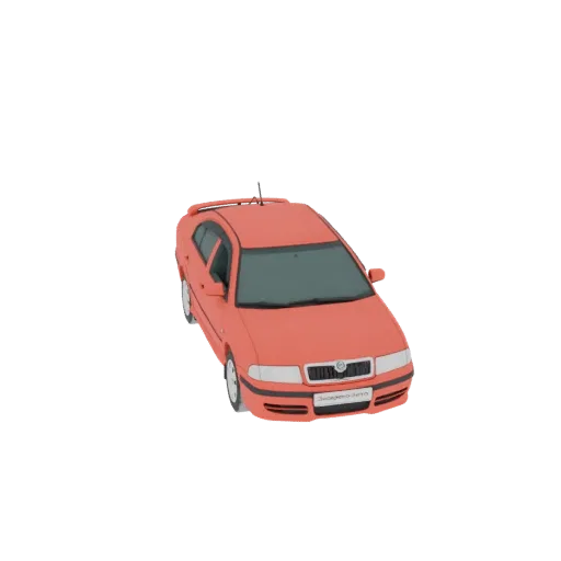 A 3D model of a coral red sedan car with a spoiler, viewed from a slightly elevated angle.