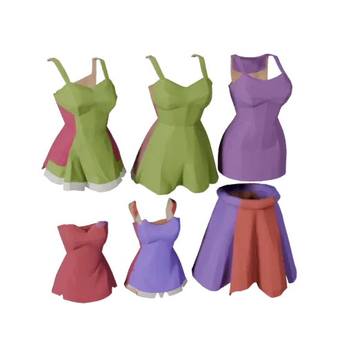 Modelo 3D listo para juego de Vestido Corto, render de estudio frontal-tres cuartos, mostrando la silueta de la prenda y el c