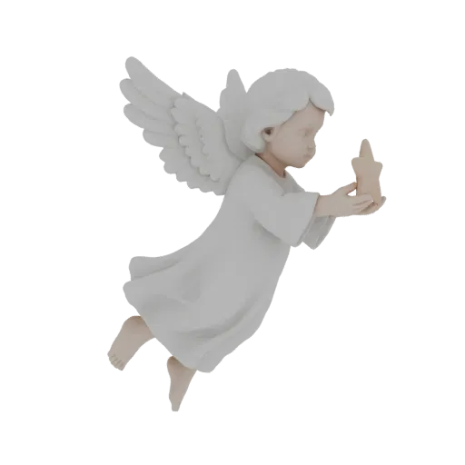 3D model render of a white angel with wings, wearing a robe, holding a star in its hands, against a white background.