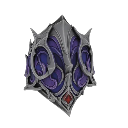 Render 3D di un guanto da armatura fantasy ornato con metallo grigio e intarsi viola, con una gemma rossa.