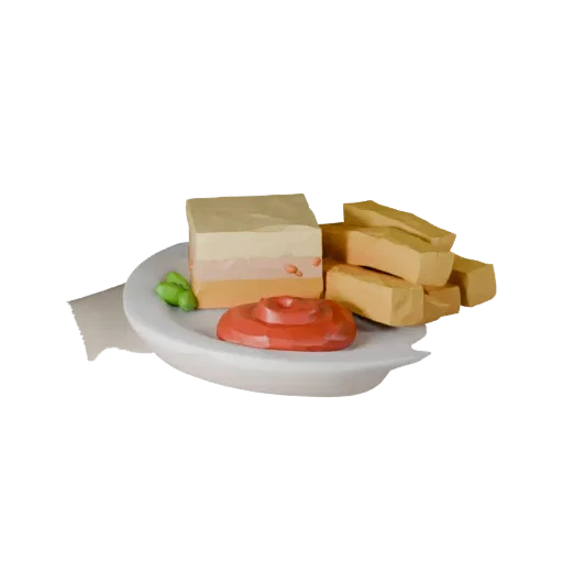Pommes Frites druckbares 3D-Modell, isometrische STL-Renderung, mit Saucen, auf einem Teller arrangiert.
