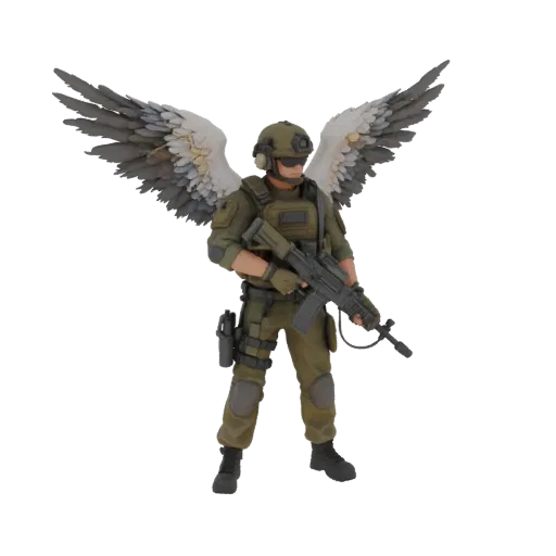 3D model of an angel warrior with wings, in tactical gear, holding an assault rifle, on a black background