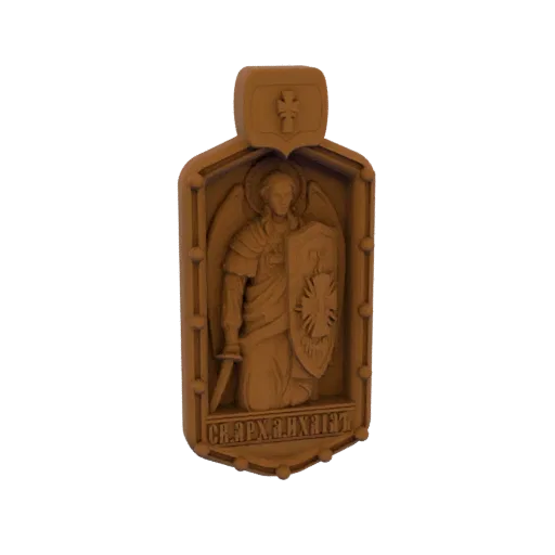 Renderização do modelo 3D de um pingente marrom retratando o Arcanjo Miguel com espada e escudo.