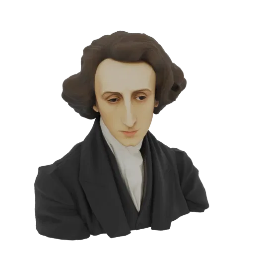 3D model render of a bust of an 18th-century gentleman with a brown powdered wig and dark coat, looking slightly downwards.