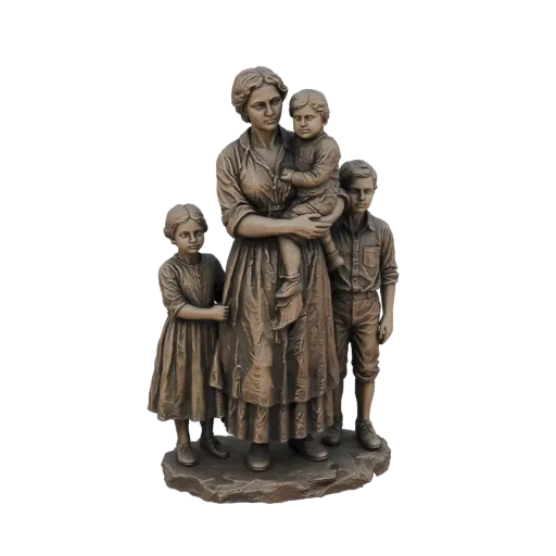 3D model of a bronze statue featuring a mother holding a child, with two other children standing beside her, on a stone base.