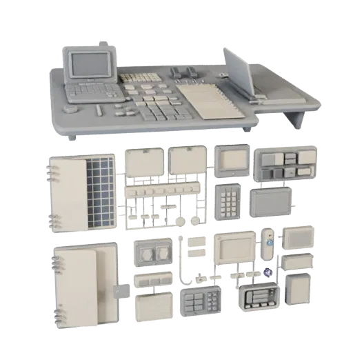 Modelo 3D modular Startup Notebook, vista isométrica de kit modular, mostrando siluetas de escala de escritorio de plástico.