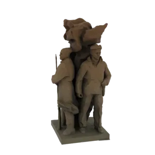 Modelo 3D de uma escultura monumental com dois soldados uniformizados costas com costas, com uma forma abstrata e fluida atrá