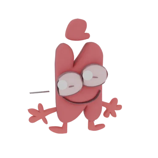 A 3D render of a pink cartoon monster with large, googly eyes, a wide smile, and a heart-shaped headpiece, standing on its st