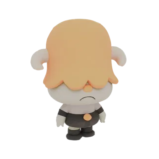 3D-Modell eines traurigen Gnoms mit einer großen, fließenden orangefarbenen Frisur, der ein dunkles Outfit mit einem hellen H