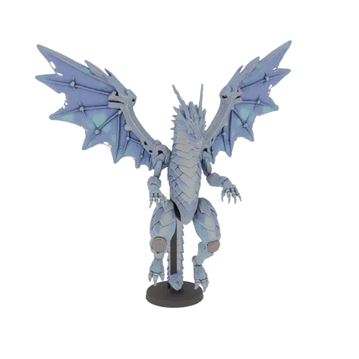 3D model of an articulated crystal dragon with spread iridescent wings, standing on a base, in studio lighting.