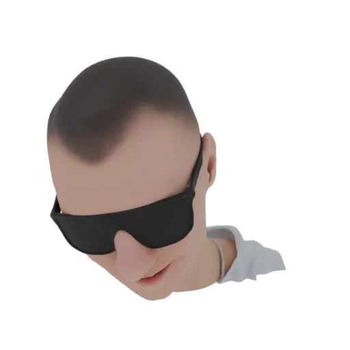3D render of a stylized man wearing black sunglasses, with a white shirt visible.