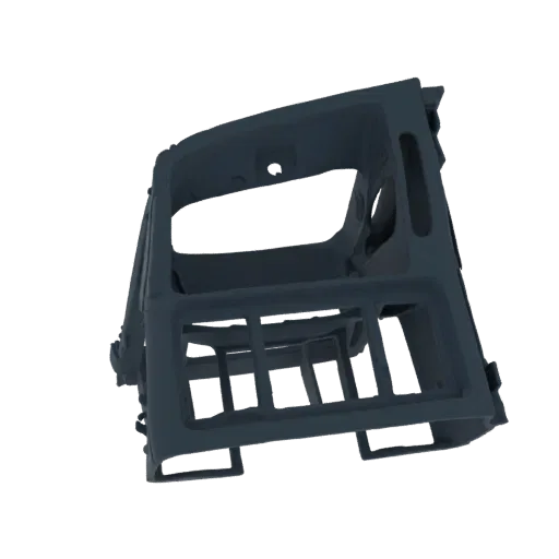 A 3D render of a dark gray automotive dashboard trim frame with visible vents and mounting brackets, isolated on a white back
