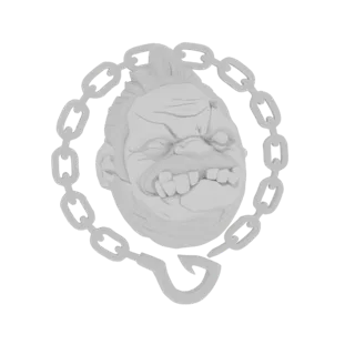 Renderizado de modelo 3D de un rostro grotesco con cadena y gancho, en una estética estilizada y en escala de grises.