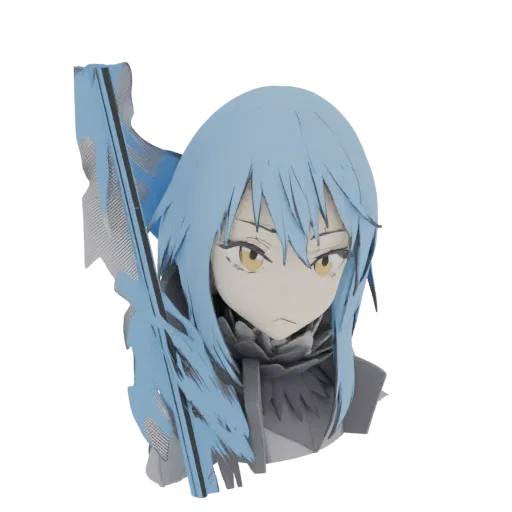 3D-Modell einer Anime-Charakterbüste mit blauem Haar und gelben Augen, im stilisierten, papierähnlichen Look gerendert.