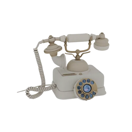 A 3D render of a vintage cream-colored rotary dial telephone with gold accents and a coiled cord, set against a white background.