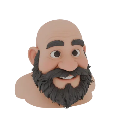 Modello 3D testa di vecchio con folta barba, baffi e occhi gentili, con ampio sorriso