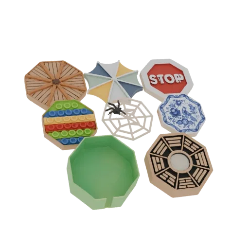 Uma renderização 3D de um conjunto de porta-copos octogonais com designs diversos como sinal de pare, guarda-chuva, brinquedo