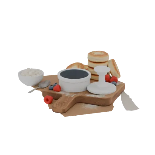 Modelo 3D de um mini prato de café da manhã com panquecas, frutas vermelhas, queijo cottage e café em uma tábua de madeira.